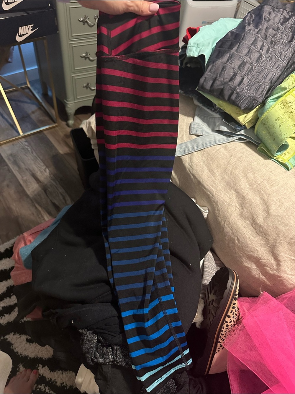 Beyond Yoga Black Leggings with Pink to Blue Ombre Stripes